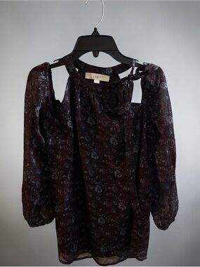 LOFT Floral Tie-Neck Cold-Shoulder Blouse in Plum and Dusty Blue